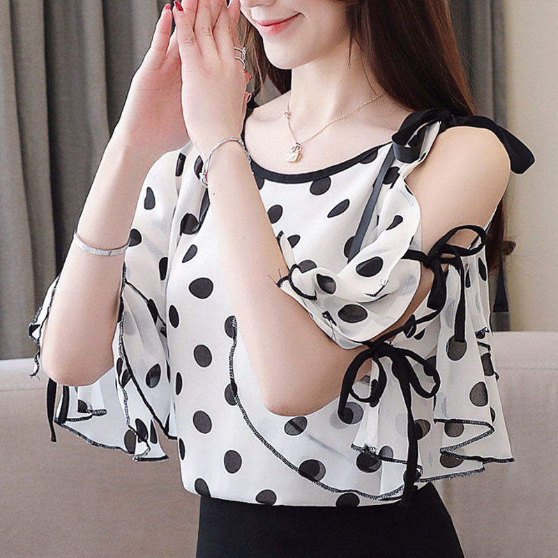 womens tops and blouses black dot chiffon blouse shirt butterfly sleeve shirts summer off shoulder top 3096 50 210508