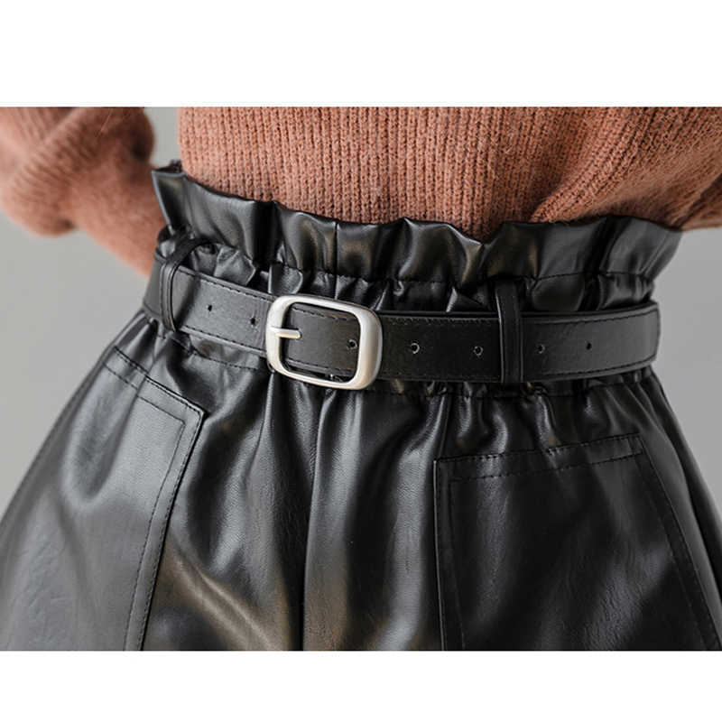 Autumn Winter Women's Leather Shorts High Waist Elastic A-line Black Brown Elegant Pu Bottoms Wide-legged Female Pants 210714