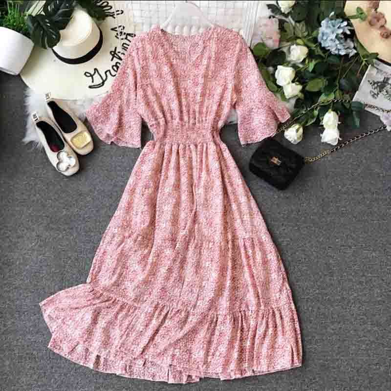 Fashion Summer Chiffon Dresses Women's Elastic Waist Print Long Dress Casual Ruffles Flare Sleeve Dress Party Vestidos 210521