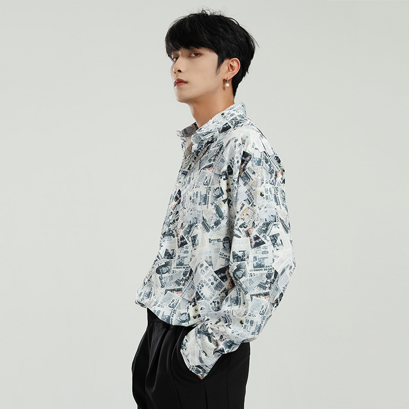 IEFB Men's Clothing Spring Korean Long Sleeve Shirt spaper Printed Square Collar Top Single Breasted Blouse 9Y5397 210524