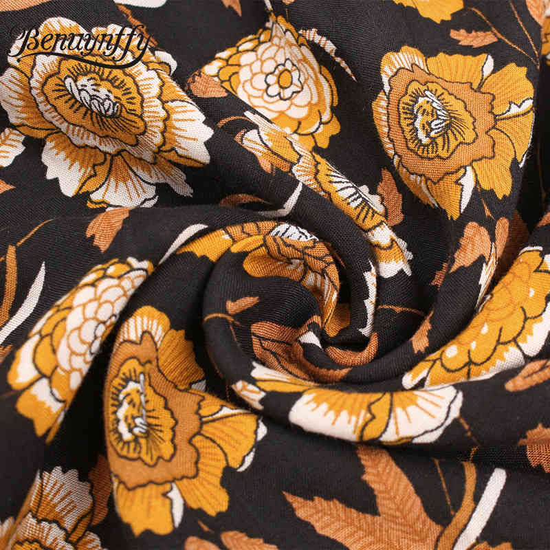 V-neck Floral Print Button Women Bohemian Dresses Vacation Casual Summer Short Sleeve Split Swing Long Dress 210510