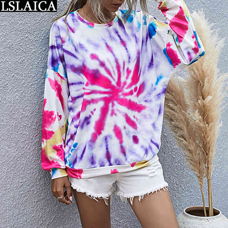 Shirts for Women Fashion Tie Dye Print Long Sleeve O Neck Ladies Tshirt Oversize Autumn Female Tops Casual Streetwear 210520