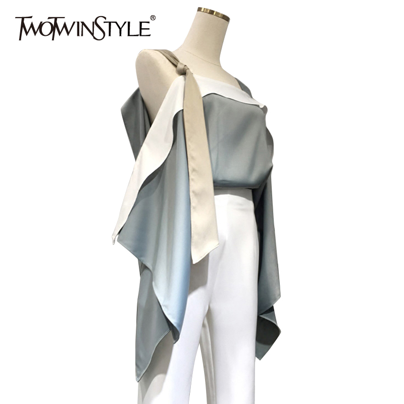 Casual Lace Up Shirt For Women Slash Neck Off Shoulder Batwing Sleeve Patchwork Blouse Female Autumn Fashion 210524