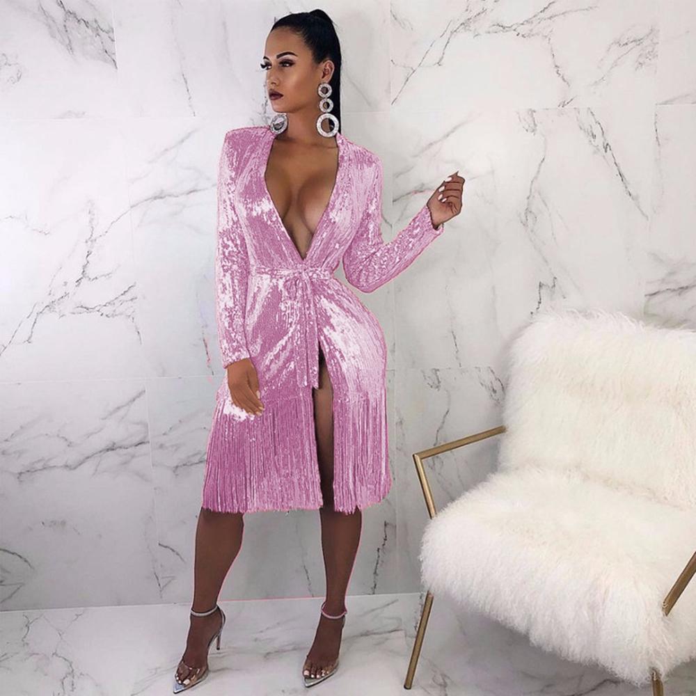 BE HYGGE Sexy Glitter Silver Tassel Dress Women Deep V-Neck Lace Up Long Sleeve Dress Female Shiny Slit Party Club Dresses 210325