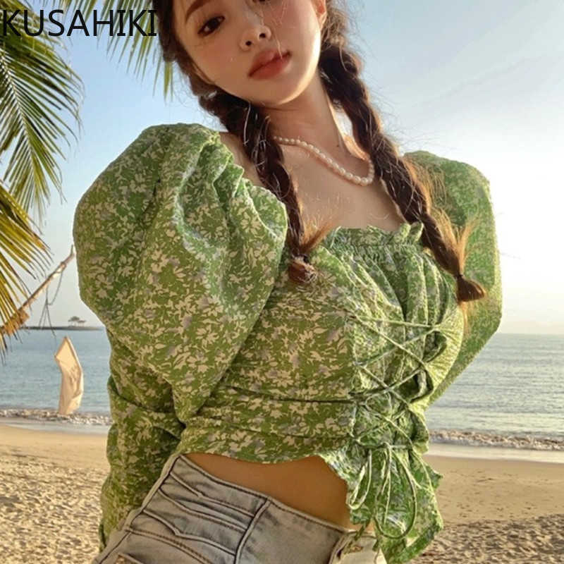 Floral Womens Tops Sexy Square Collar Puff Sleeve Blouse Shirt Korean Cross Lace Up Slim Waist Short Top Blusas 6G547 210603, Green
Floral Womens Tops Sexy Square Collar Puff Sleeve Blouse Shirt Korean Cross Lace Up Slim Waist Short Top Blusas 6G547 210603, Green