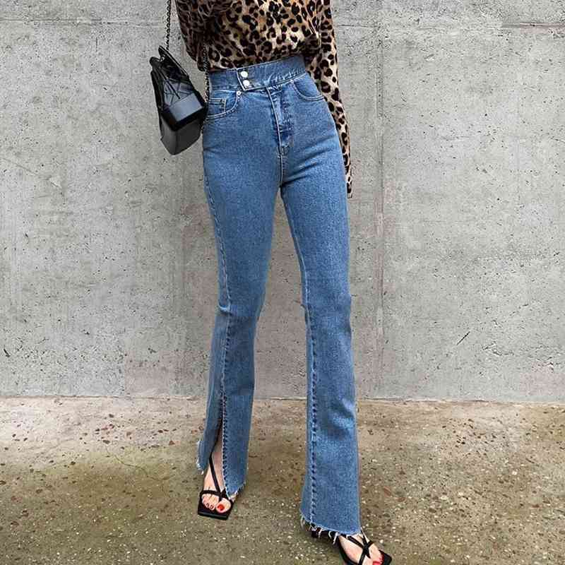 Fashion Split Bootleg Jeans For Woman High Waist Elastic Korean Denim Trousers Female Slim Wide Leg Pants Woman Blue Bottom 210616