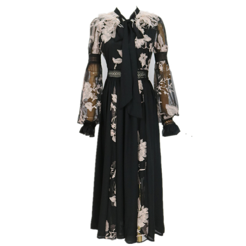 High Quality Bow Flower Embroidery Women Waist Slim Dress Vestidos Vintage Spring Elegant Fashion Robe 210519