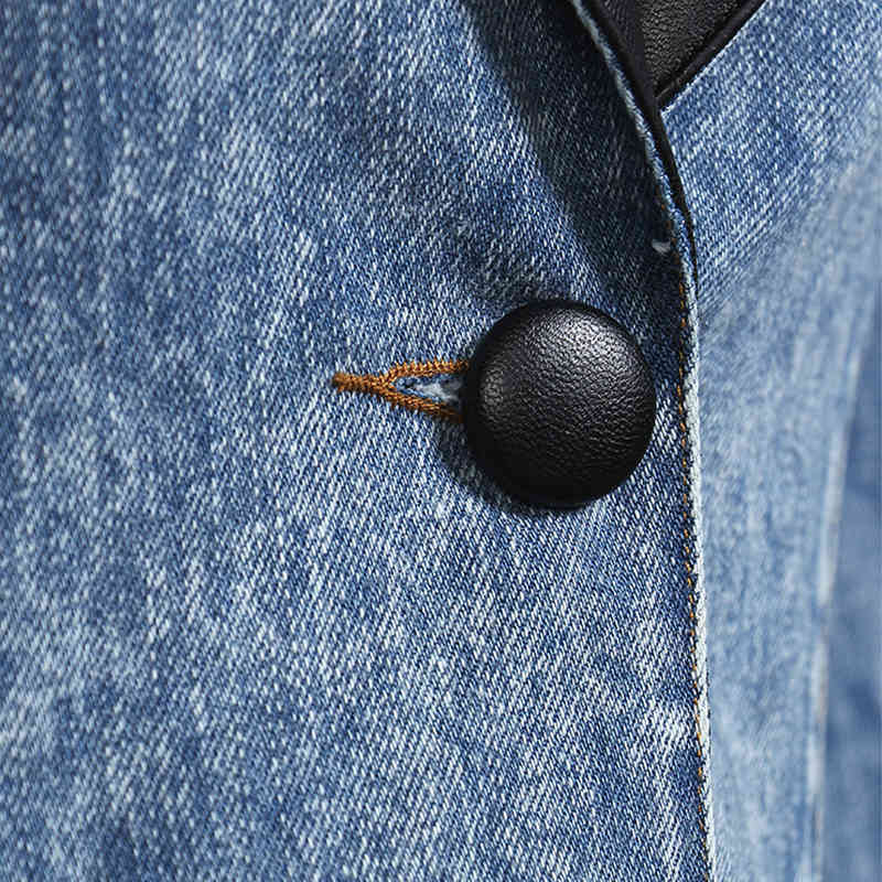 TWOTWINSTYLE Denim Patchwork PU Blazer For Women Notched Long Sleeve Casual Blazers Female Fashion Clothing Autumn 210517