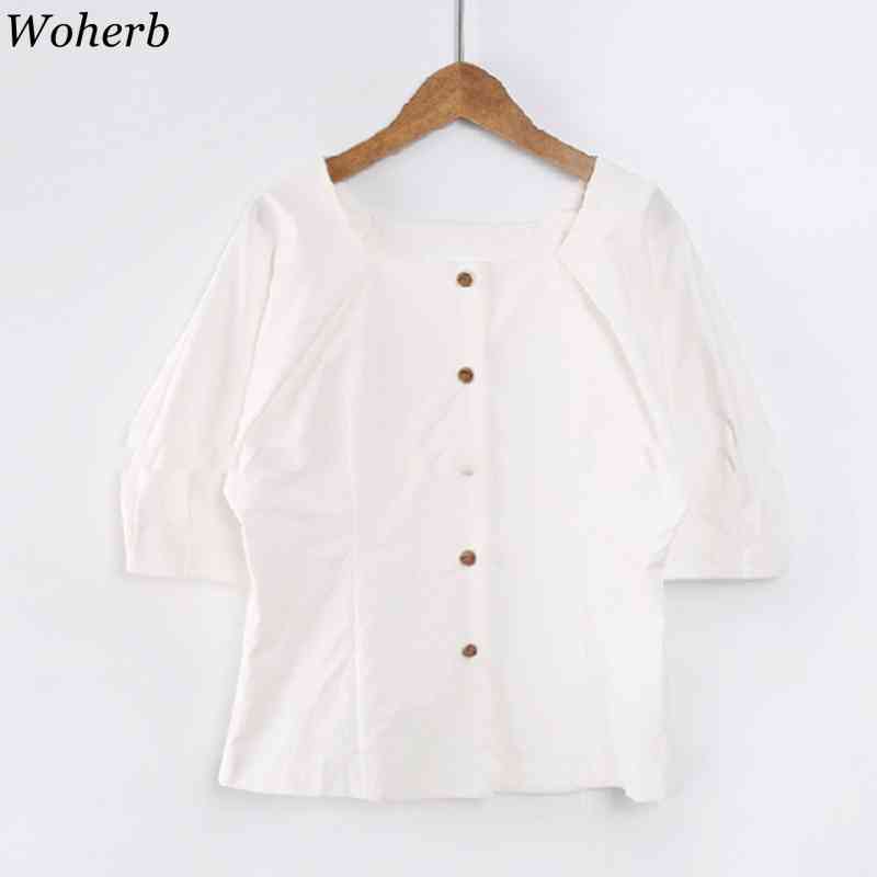 Square Collar Loose Office Lady Shirts Stylish Short Puff Sleeve Girls Single-breasted Blusas Femme Casual OL Blouse 210519