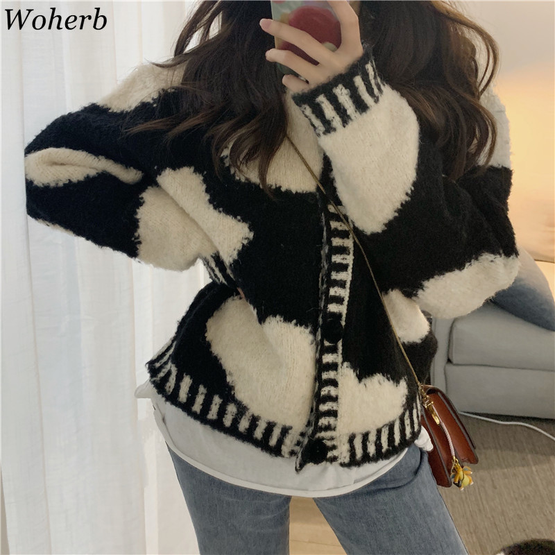 Vintage Knitted Cardigan Coat Winter Clothes Women Black White Cow Print Sweaters Korean Chic Thicked Warm Sueter Female 210422
