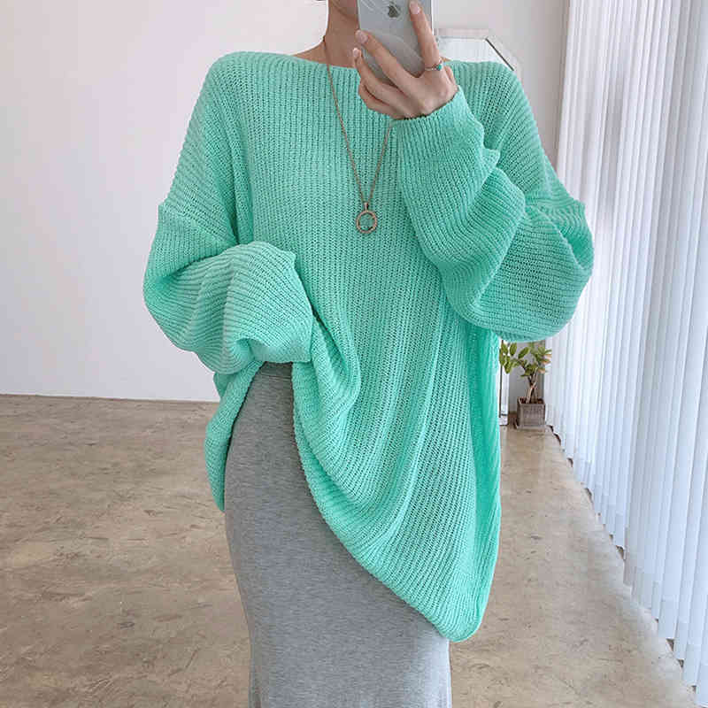 Women Sweater Summer Korean Chic Simple Lazy Style Candy Color Long-Sleeved Thick Needle Anti-Sei Knit Pullover 210514