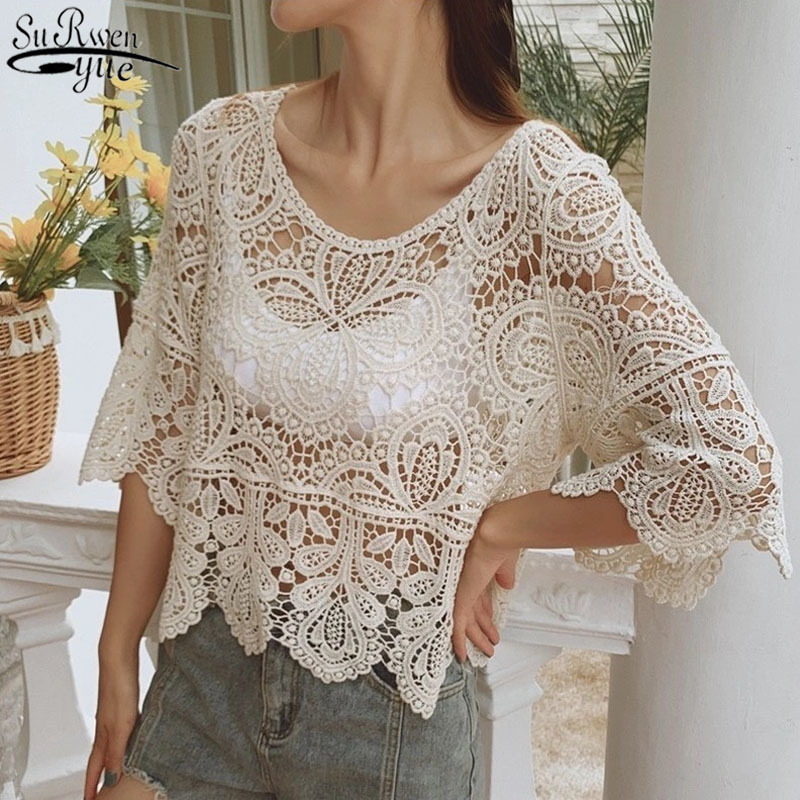 Summer Hollow Out Lace Shirt Women Hook Flower Top Female Women's Short Sleeve Blouse Sunscreen blusas 14127 210427