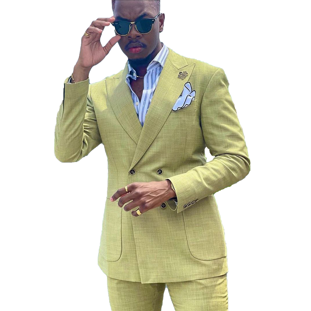Two-Pieces Business Casual Yellow Men Suits Double Breasted Custom Made Slim Suit Fit Groom Party Coat Tailored Work Wear
