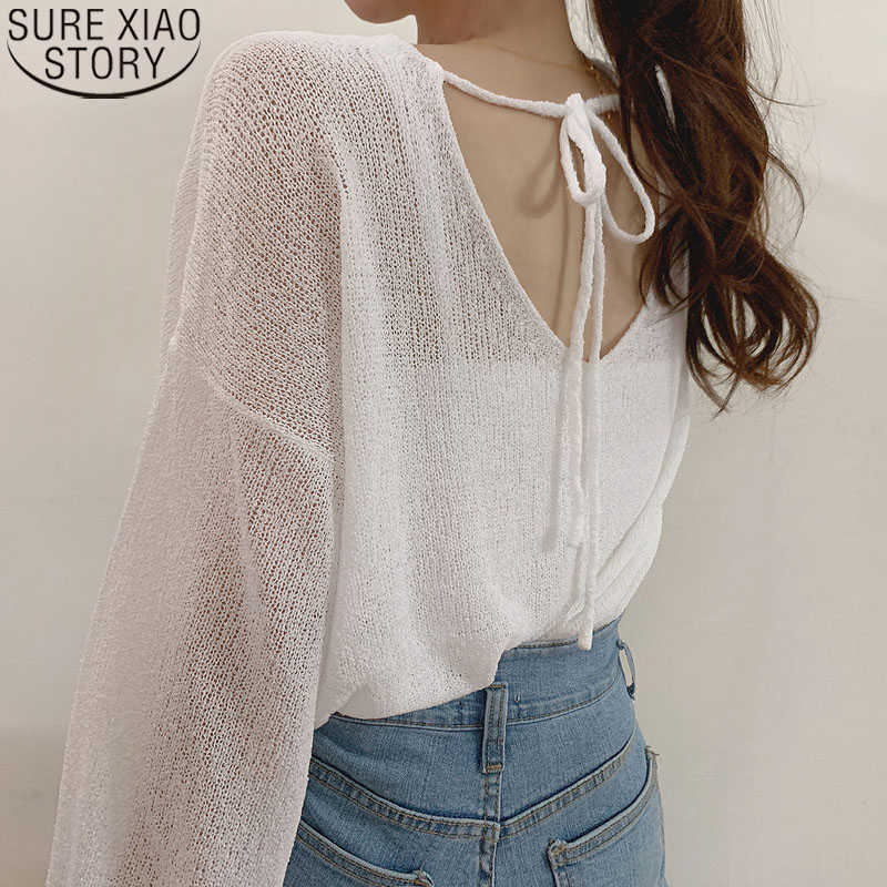 Spring and Summer Knitted Shirt Ice Silk Blouse Back V-neck Hollow Lace-up Trumpet Sleeve Sunscreen Thin Sweater 14802 210527, White
Spring and Summer Knitted Shirt Ice Silk Blouse Back V-neck Hollow Lace-up Trumpet Sleeve Sunscreen Thin Sweater 14802 210527, White