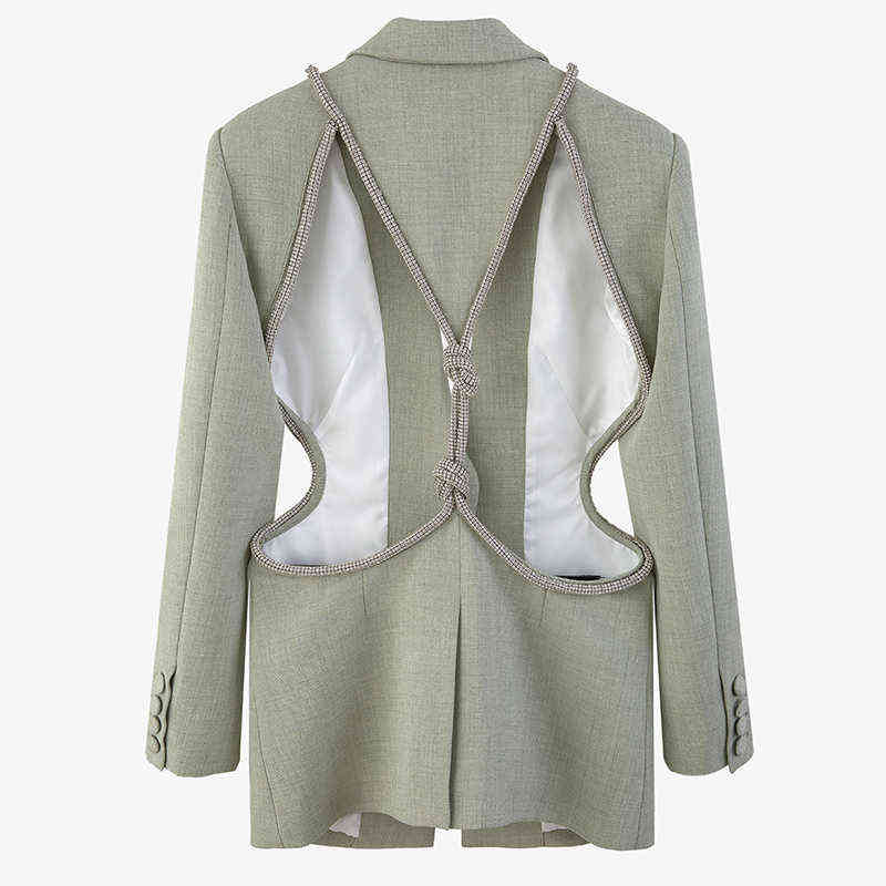 TWOTWINSTYLE Sexy Backless Diamond Blazer Tops Female Lapel Collar Long Sleeve Slim Hollow Out Women's Coat Fashion 211116