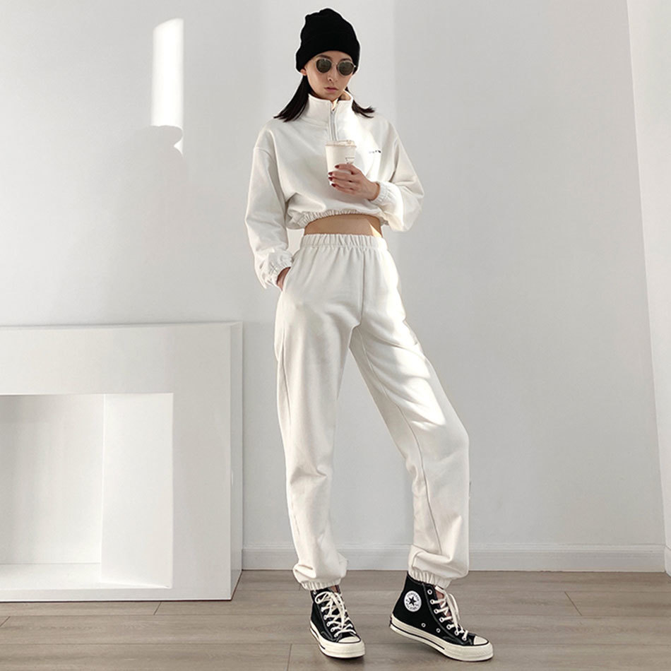 Free Ladies Women Sweatshirt Set Casual Zipper Stand Collar Long Sleeve Pullover Sweater & Pants Two-piece Se 210524