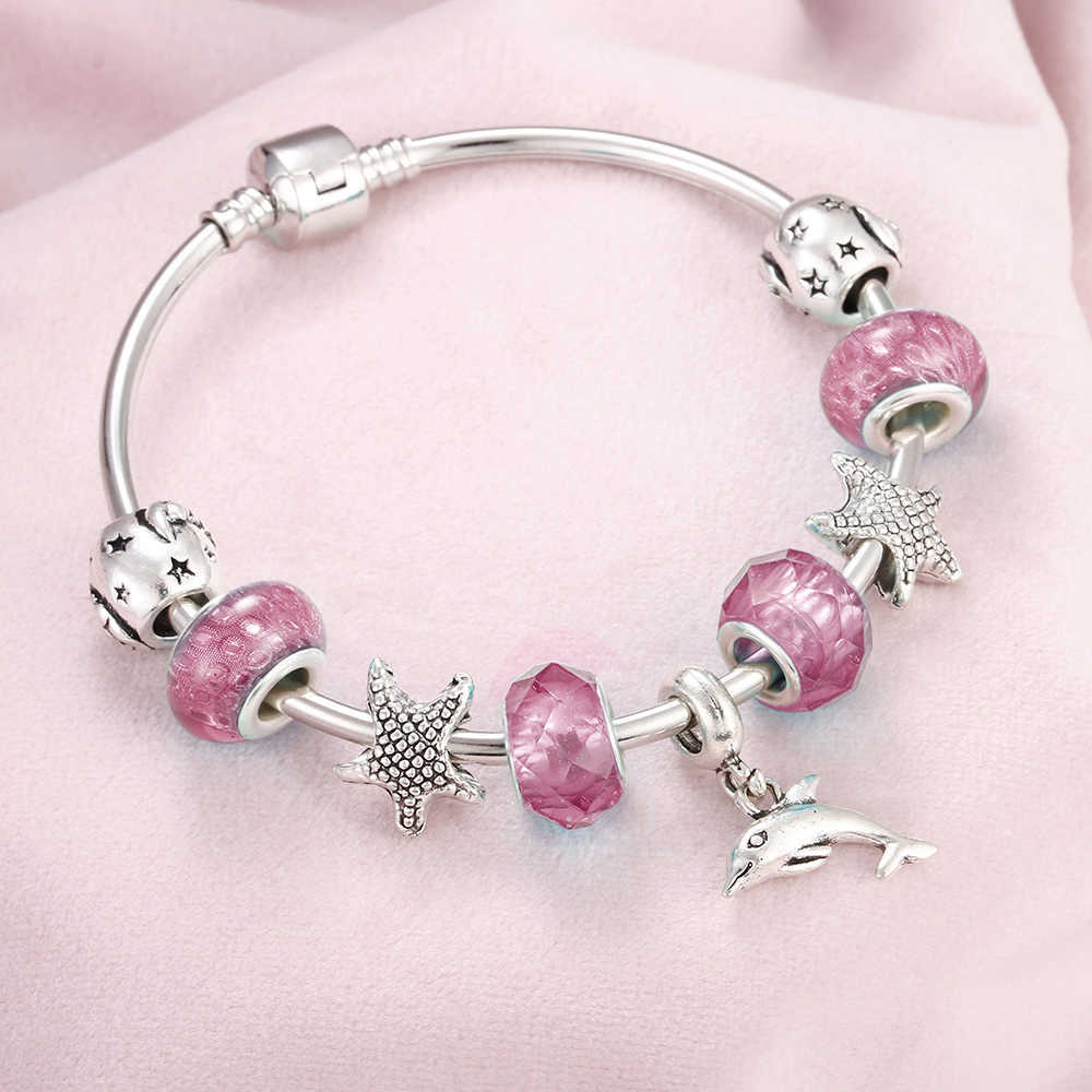 

Fashion 5 Style Women Charm Bracelet Dolphins Starfish Pendant Luxury Crystal Beads Bracelets Bangles for Girl Diy Jewelry Gifts Q0719