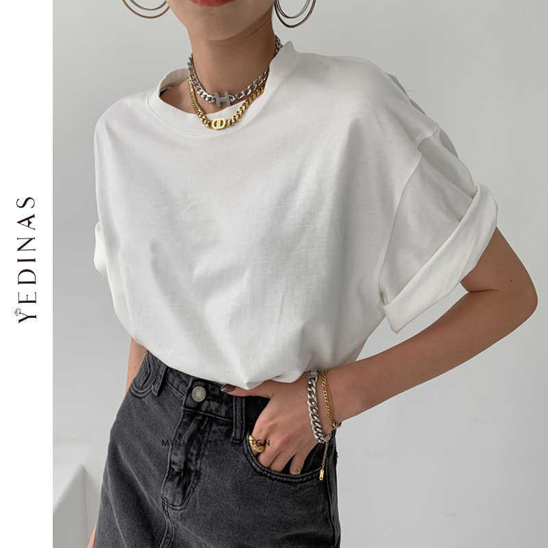 Yedinas Summer 100% Cotton T Shirt Oversized Korean Short Sleeve T-shirts Basic Couples T-shirt Solid Color Plus Size Tops Tee 210527