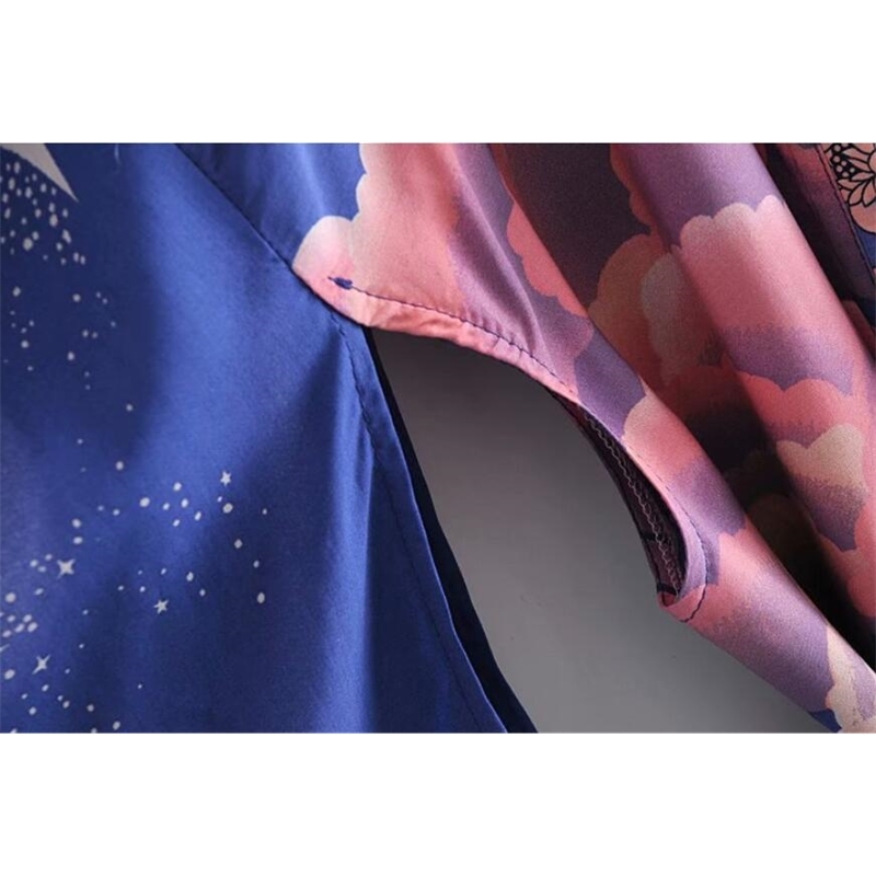 Bohemian Women Blue Space Moon Flower Print Kimono Shirt Holiday Beach Tide Bow Sashes Mid Long Cardigan Blouse BOHO Tops 210317