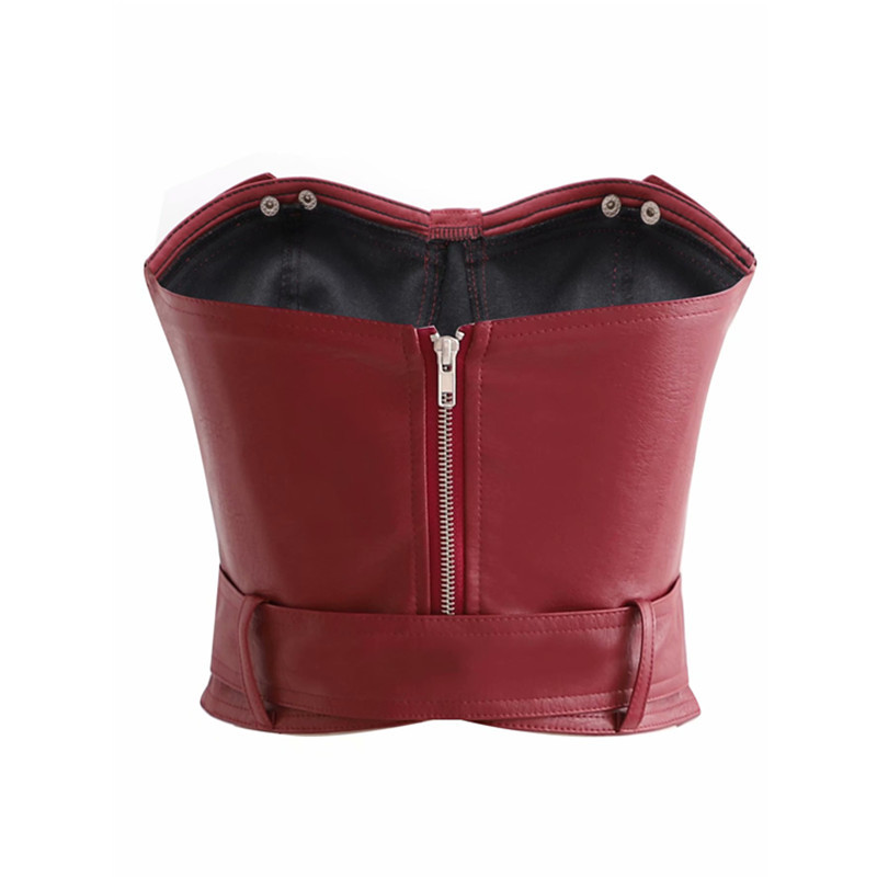 Vinatge Woman Burgundy PU Sashes Tube Short Tops Spring Autumn Fashion Ladies Irregular Sleeveless Tank Female Leather Vest 210515