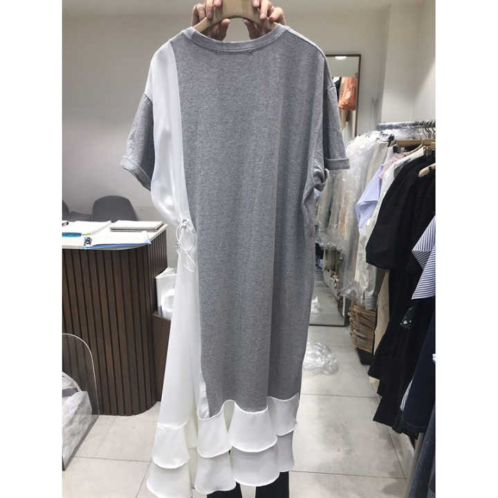 Spring Summer Simple Spelling Patchwork Ruffles O-Neck Casual Mid-Calf Dresses Women 210615
