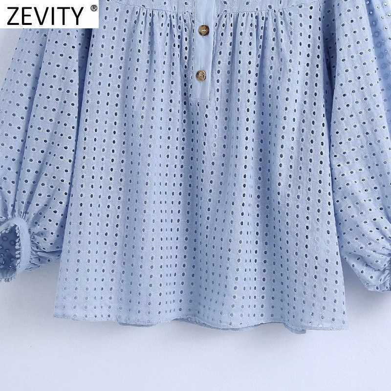 Zevity Women Vintage Hollow Out Embroidery Casual Smock Blouse Female Lantern Sleeve Button Up Shirt Roupas Chic Tops LS9355 210603