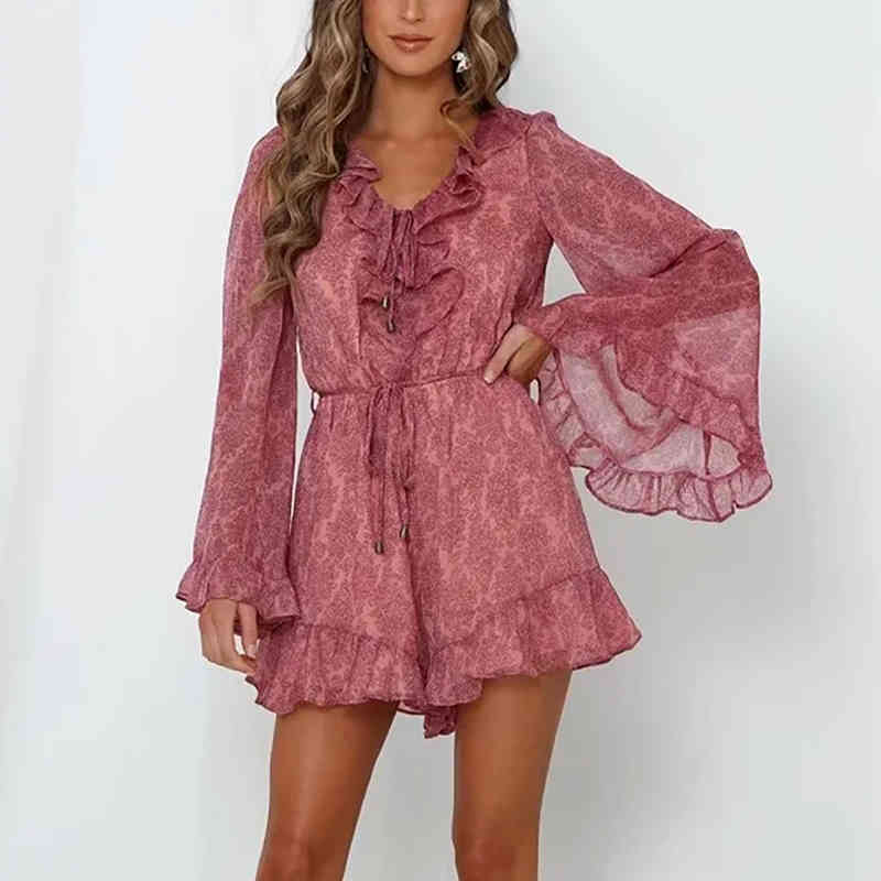 Women Chic Summer Chiffon Bodysuit Ruffled Floral Print Boho Party Romper Jumpsuit Flare Long Sleeve Beach Playsuit 210515