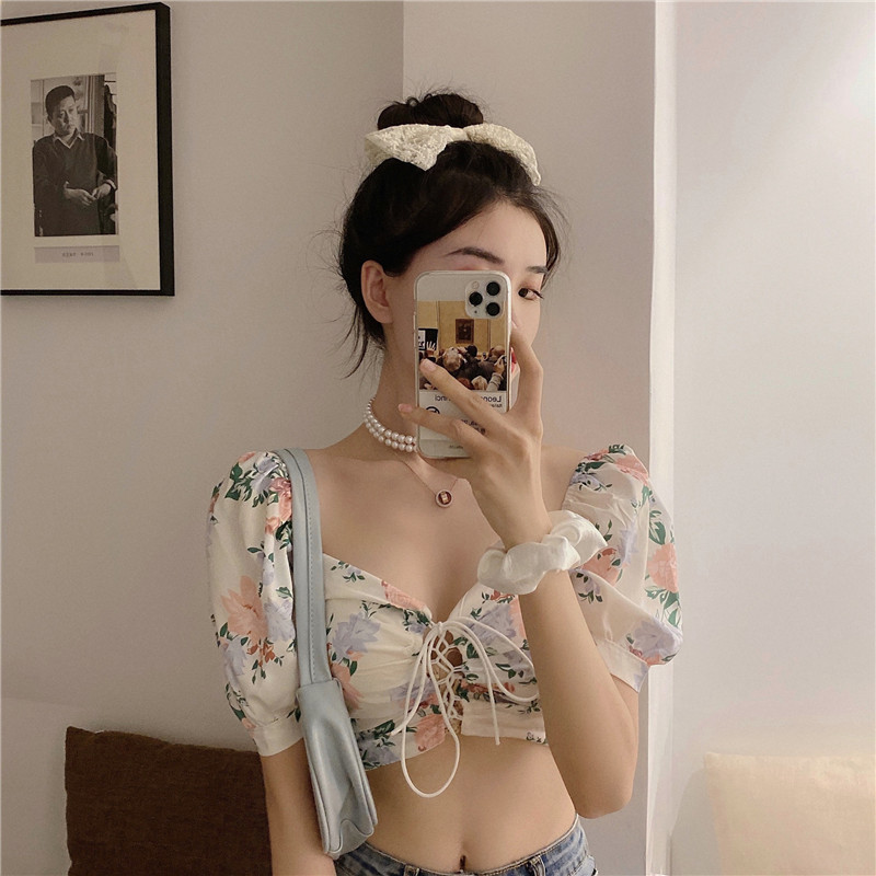 Sexy Summer Fashion Elegant Sweet Square Neck Puff Short Sleeve Floral Print Blouse Women Lace Up Shirts Blusas De Mujer 210429