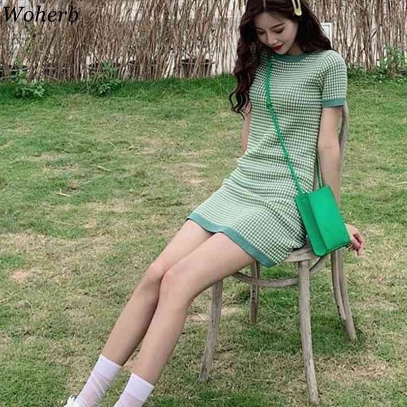 Women Knitted Dress Summer Short Sleeve Plaid Green O Neck Dresses Ladies Sweet Robe Korean Vestidos 210519