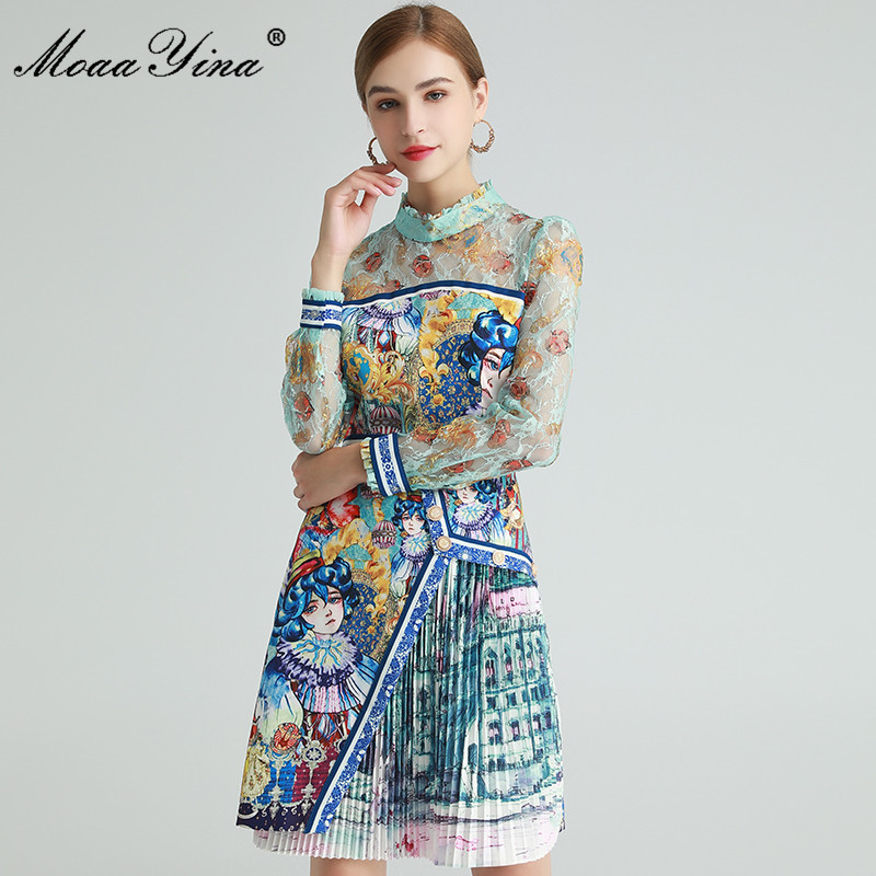 Fashion ner dress Spring Women's Dress Mesh Long sleeve Lolita Style Anime Print Pleated Dresses 210524