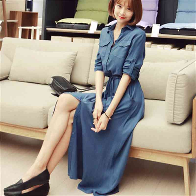 Korean Fashion Solid Long Shirt Dress Women Single-breasted Splitting Ol Style Casual Pleated Dresses Vestidos Black Blue 210518