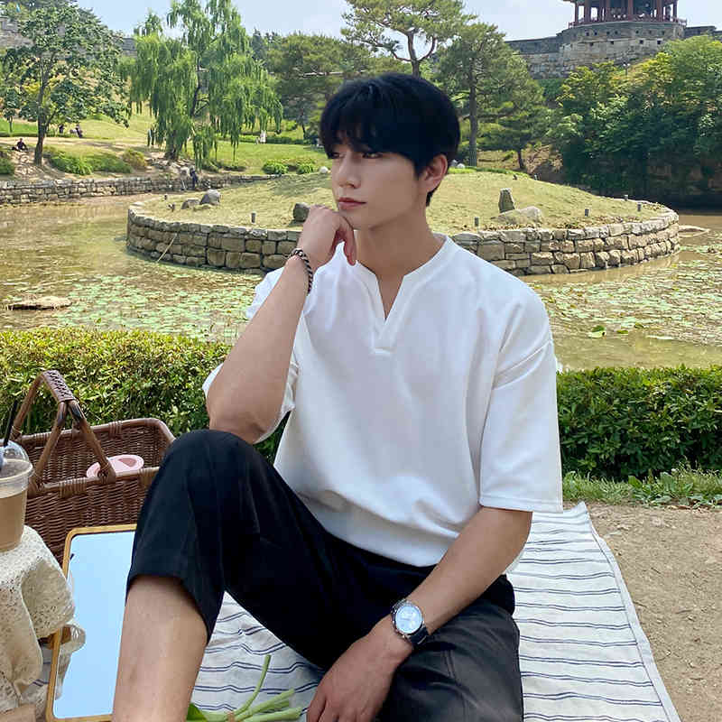 IEFB V-neck Short Sleeve T-shirt Men's Ice Silk Cotton Tee Korean Trend Fashion Summer Loose Tops For Male Casual Y7193 210524