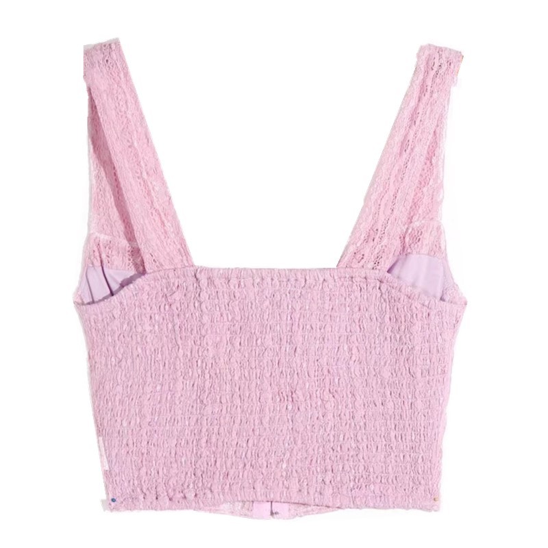 Covered Buttons Hollow Out Knit Lace Short Tank Top Women Sleeveless Elastic Ruched Camisole Cropped Summer Cami 210429