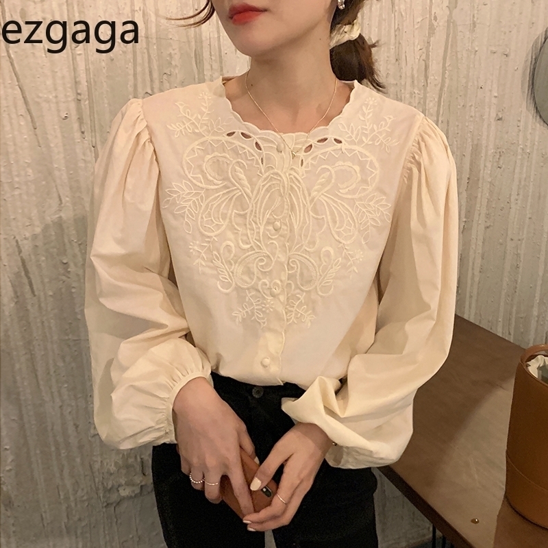 Ezgaga Vintage Shirts Women Korean Chic Embroidery Flower Hollow Out Single Breasted Puff Sleeve Blouse Office Lady Elegant 210317