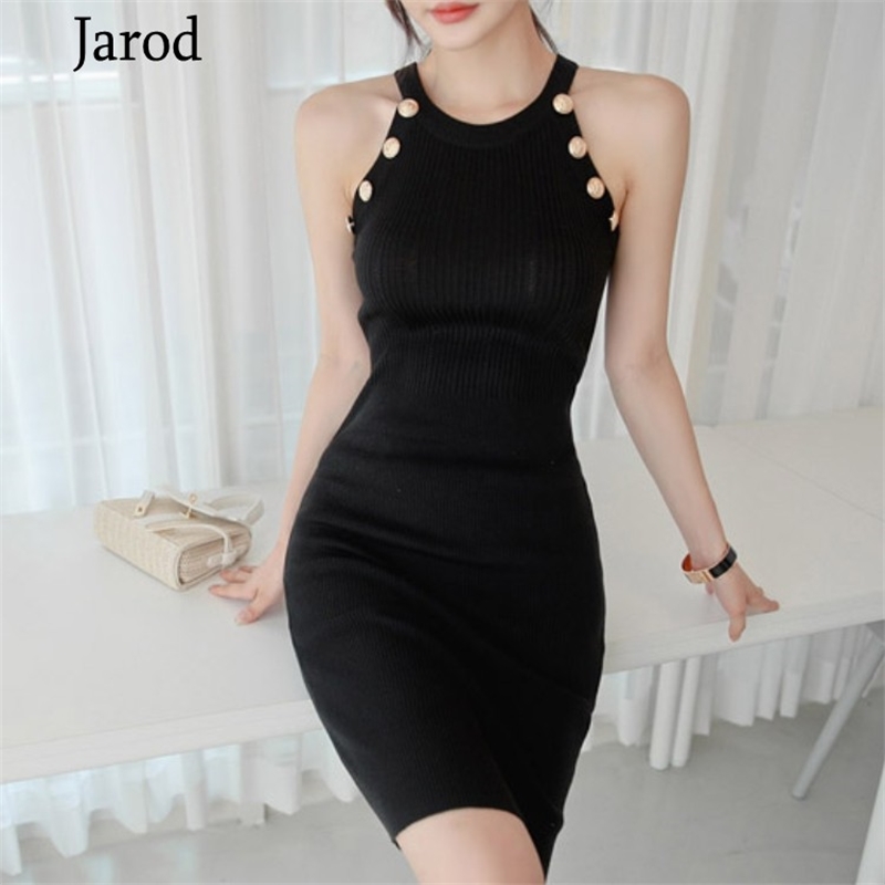 Korean summer Women Knitted Dresses women Sleeveless Metal Button Female Sexy Dress Vestidos 210519