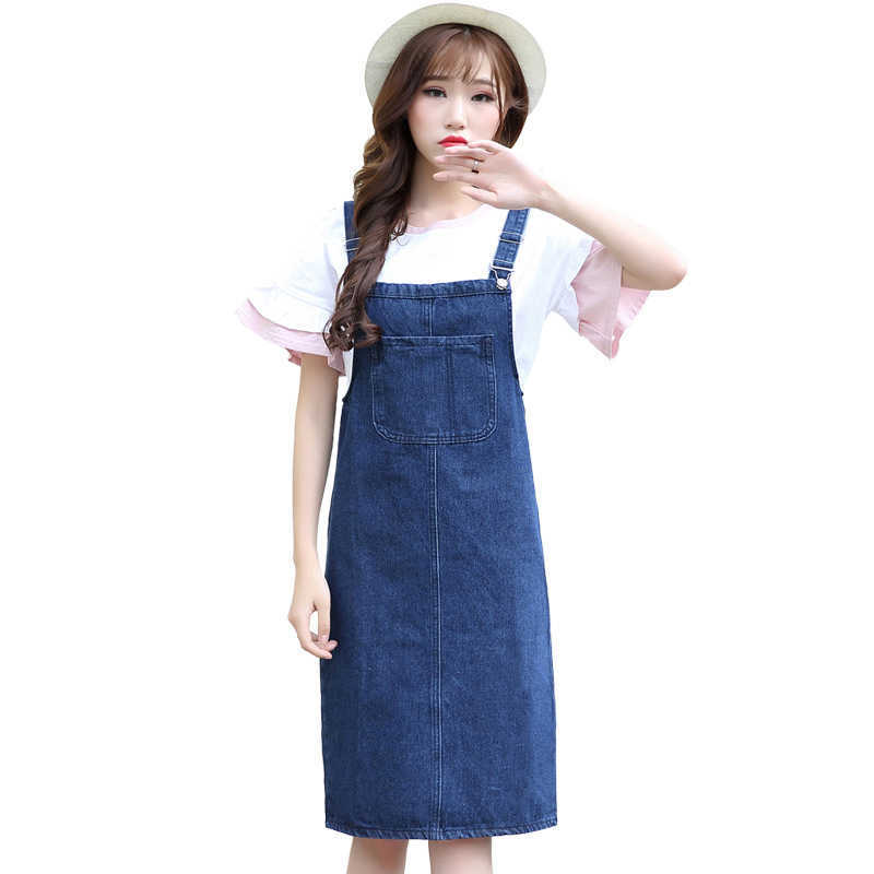 Large Pocket Denim Dress for Women Summer Adjustable Strap A-line Back Split Knee-length Loose Korean Vestido Blue 210604
