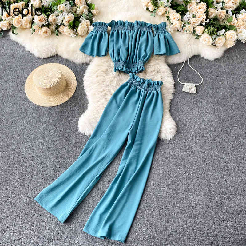 Neploe 2 Piece Outfits Women Slash Neck Ruffles Shirt Crop Tops High Wasit Wide Leg Pans Femme Roupas Two Piece Set Chic Suit 210422