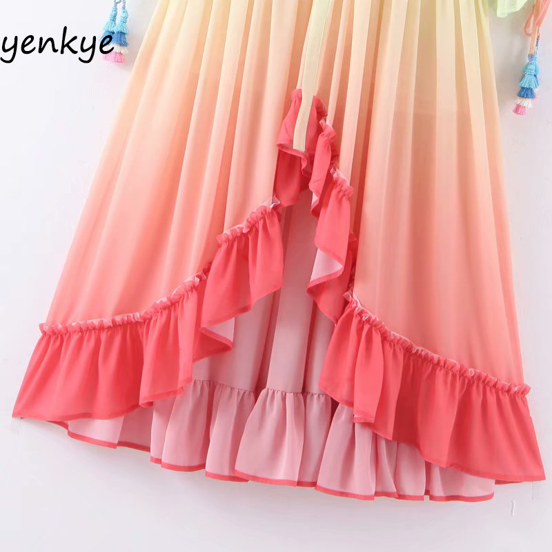 Summer Dress Women Gradient Multicolor Holiday Long Dress Romantic Lady Tassel Cuffs V Neck A-line Boho Beach Dress 210515