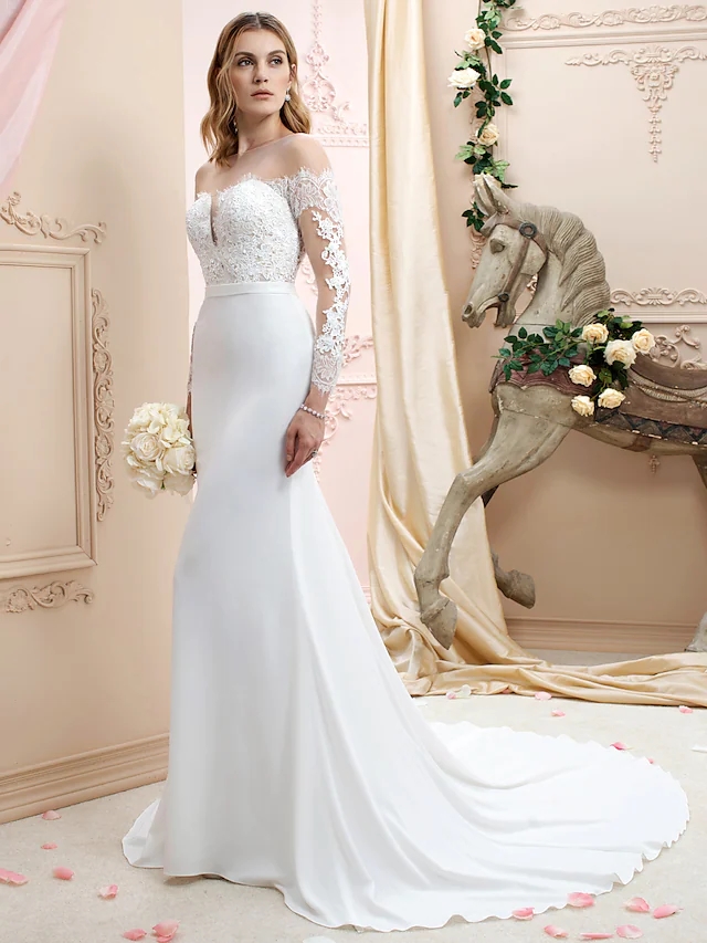 2022 Bridal Gown Trumpet Wedding Dress Bateau Neck Court Train Chiffon Corded Lace Long Sleeve Romantic Sexy Appliques Vestido De Noiva Robe De Mariag