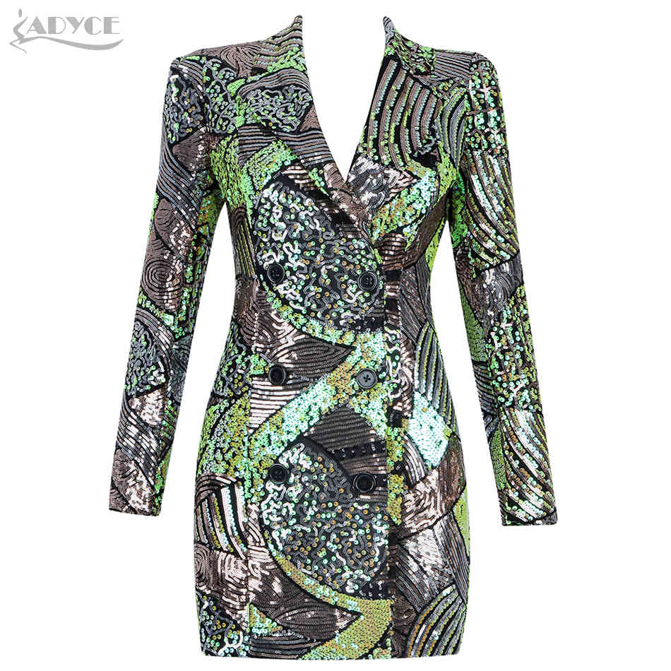 Spring Fashion Long Sleeve Dress For Women Sexy V Neck Green Sequins Mini Celebrity Club Evening Party Lady 210423