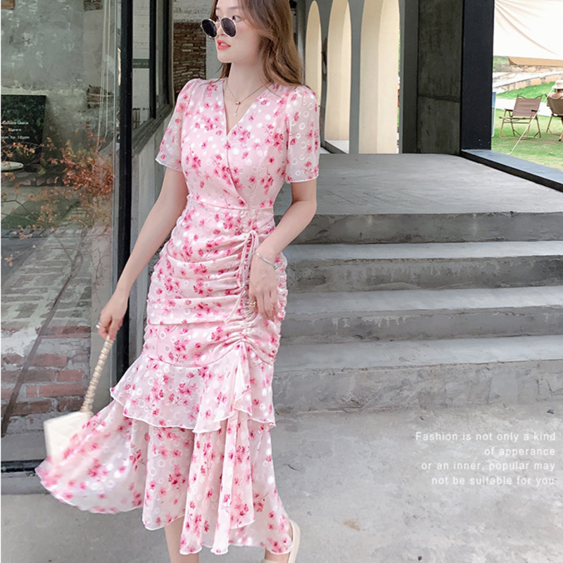 Summer Short Sleeve Wrap Mini Dress Floral Print Dresses Lace-up Waist Pink Sundress For Holiday Vestidos 210515