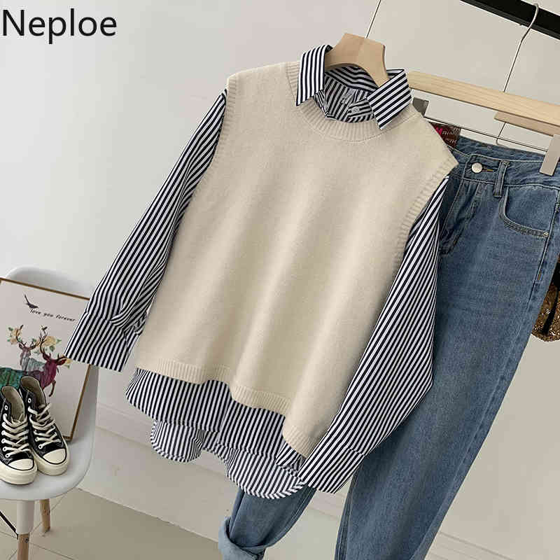 Neploe Women Sets O-Neck Knitwear Split Vest Striped Long Sleeve Blouse Tops Spring Fashion Korean Suit Two Piece Outfits 4H429 210422