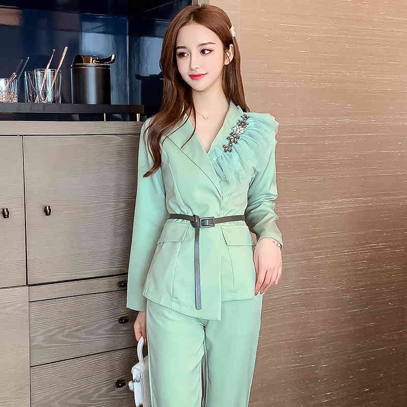 Autumn Long Sleeve Blazer+Trouses Office Two-piece Set Women Business Pants Set Stylish Lady Elegant Formal Set Suit 210515