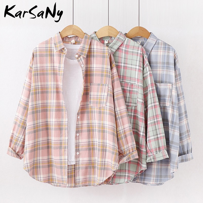 KarSaNy Boyfriend Oversized Shirt Plaid For Women Blouses And Tops Spring Loose Plaid Cotton Shirt For Women Boyfriend Shirts 210317