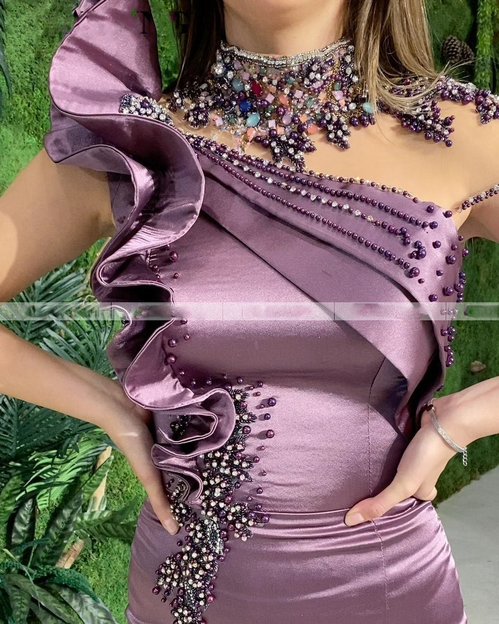 Elegant Purple Mermaid Evening Dress With Train Elegant Satin High Split Short Sleeves Party Gowns