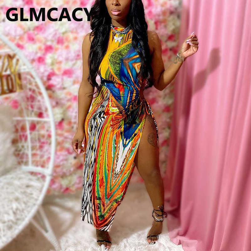 Women Plus Size Slit Printed Asymmetrical Hem Sexy Dress 210702