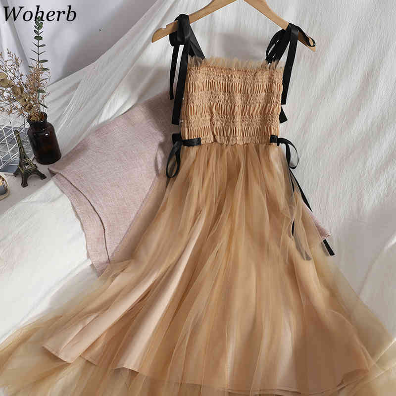 Sweet Woman Dress Pleated Baeding Ruffles Vestidos Mujer Patchwork Gauze Summer Robe Korean Backless Fashion Dresses 210422