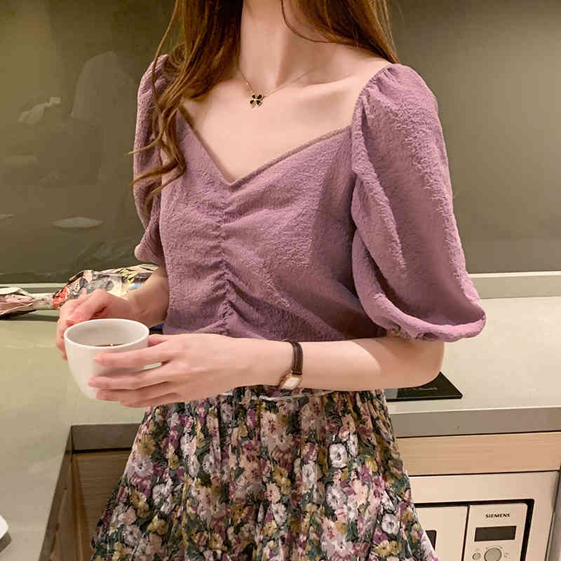 Solid V-neck Chiffon Blouse Blusas Mujer De Moda Korean Fashion Clothing Summer Ladies Tops White Shirt 9366 210506