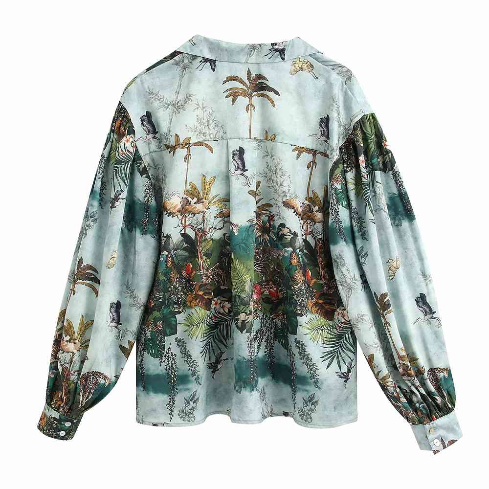 Vintage Animals Forests Print Blouse Women Fashion Turn-down Collar Shirts Elegant Ladies Chic Tops 210520
