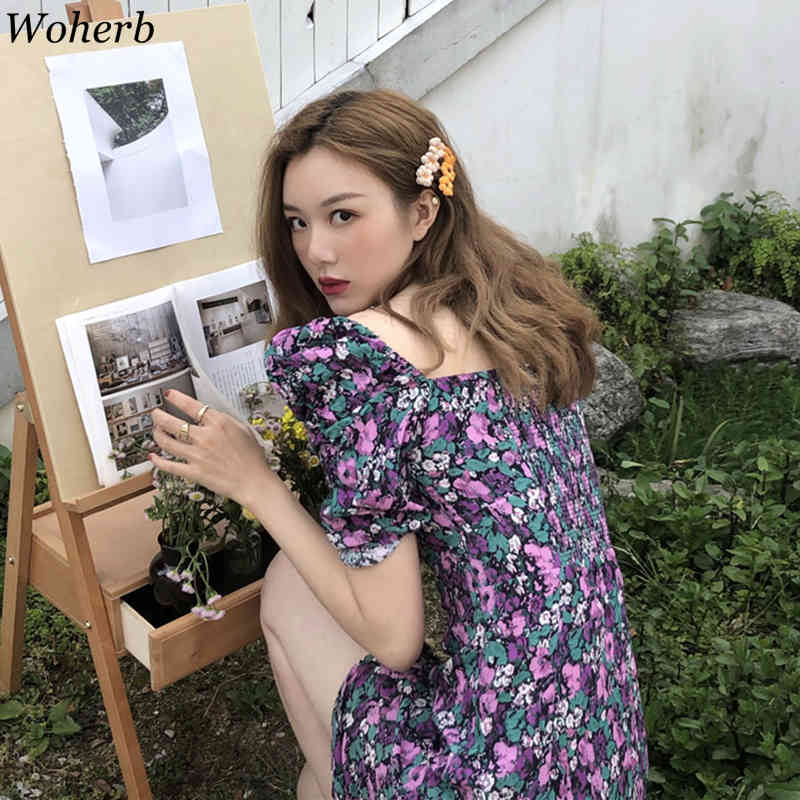 Elengant Floral Chic Printing Dress Women Square Collar Purple Dresses All Match Short Sleeves Korean Split Vestidos 210519